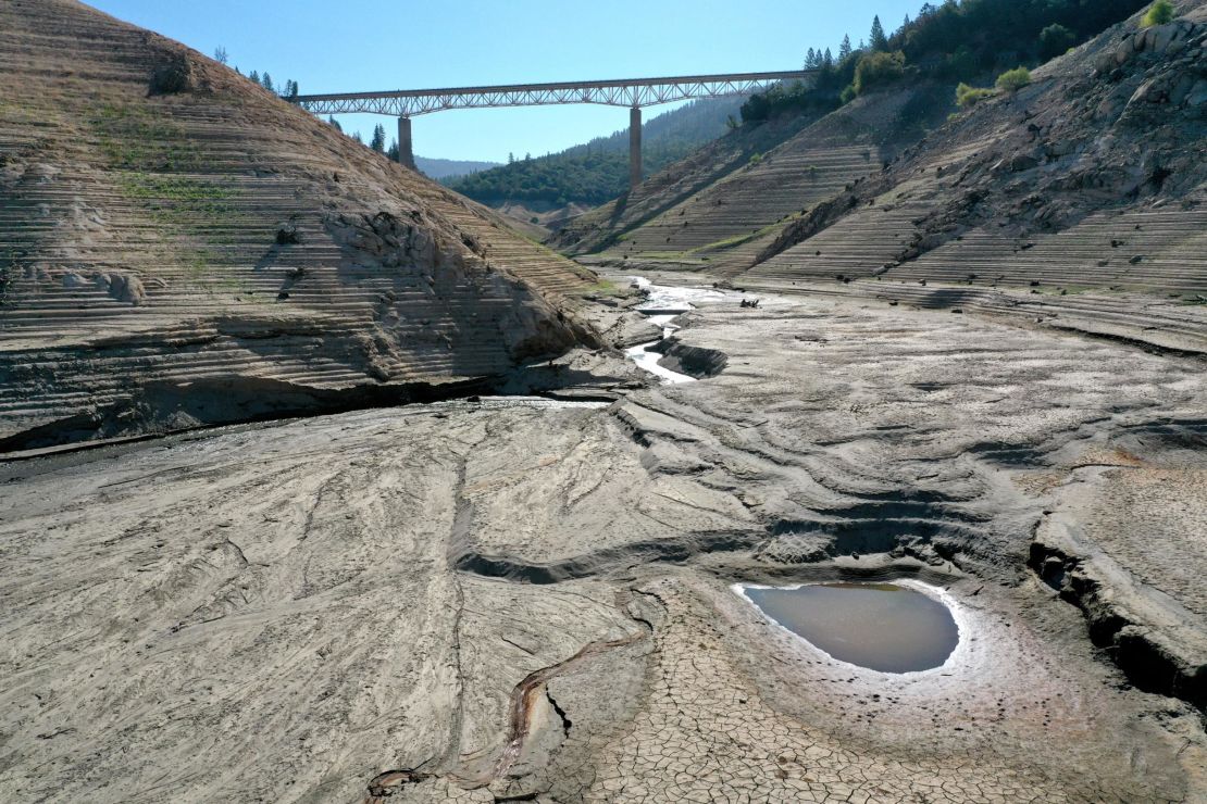 Low water levels at Lake Oroville in California on July 22, 2021. As  extreme drought persists in California, Lake Oroville's water levels are continuing to drop.