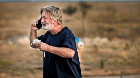 A distraught Alec Baldwin lingers in the parking lot outside the Santa Fe County Sheriff's offices on Camino Justicia after being questioned on Thursday.