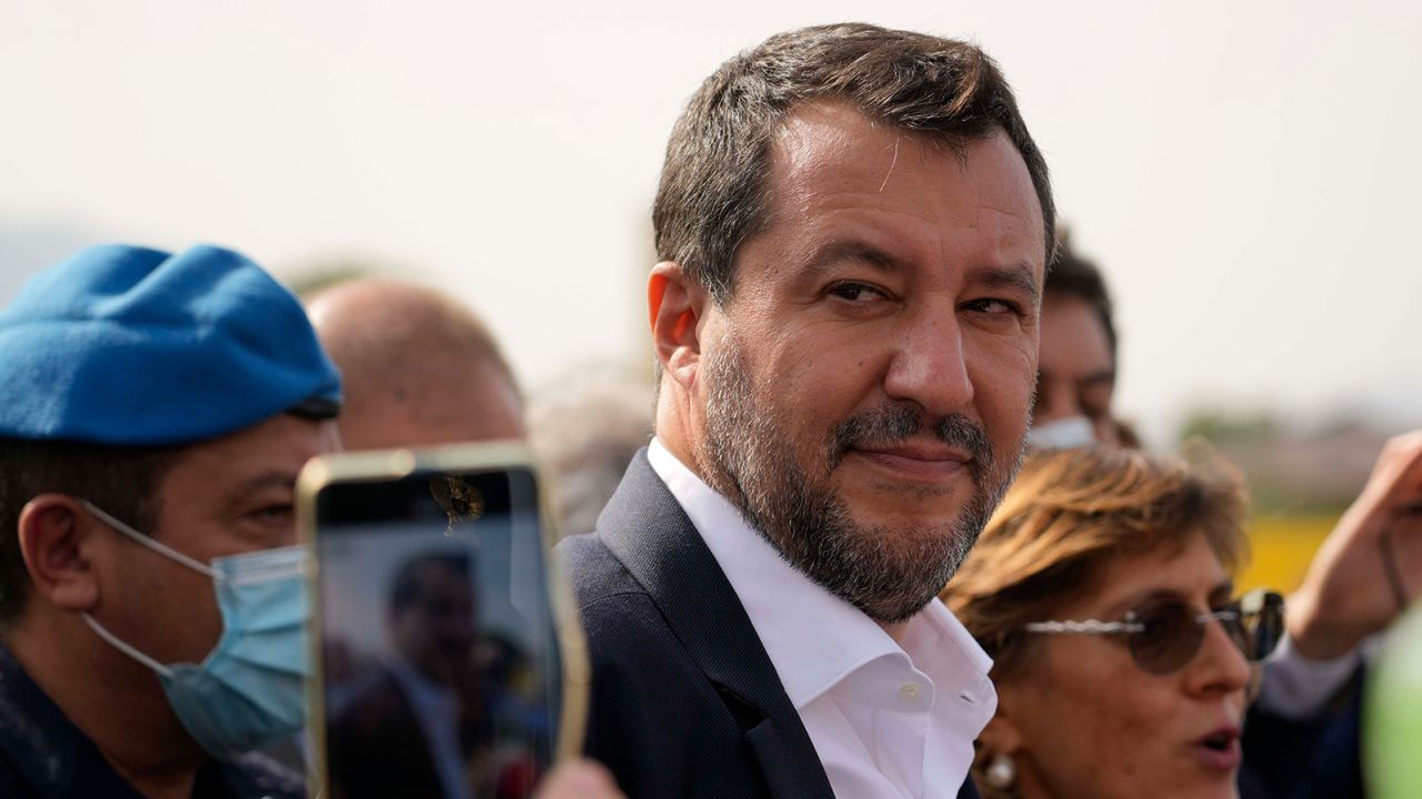 Matteo Salvini appears outside Palermo's court in Italy on Saturday, October 23, 2021. 
