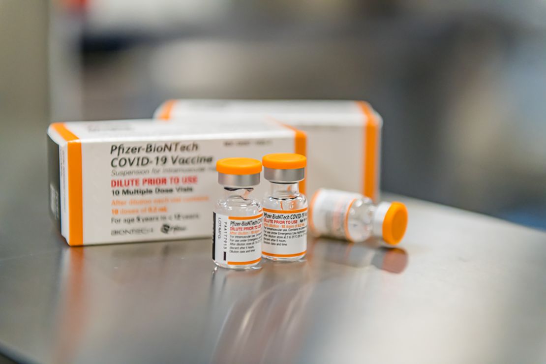 The Pfizer vaccine for children ages 5 to 11 has an orange label, rather than the purple label on the vaccine for those age 12 and older.