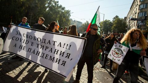 People protest against Covid-19 restrictions in Bulgaria on October 20 as cases skyrocket in the region.