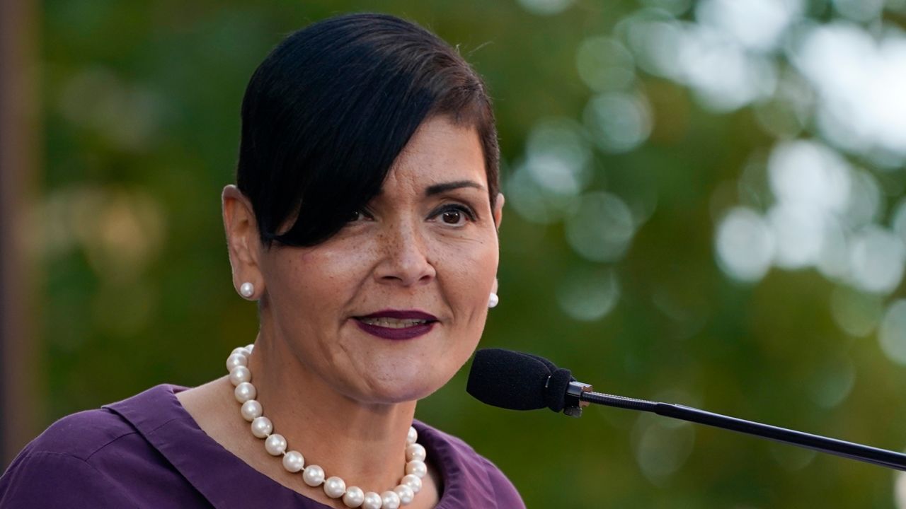 Democratic Lt. Governor candidate Hala Ayala speaks during a rally for Democratic gubernatorial candidate Terry McAuliffe in Richmond, Virginia, on Saturday, October 23, 2021.