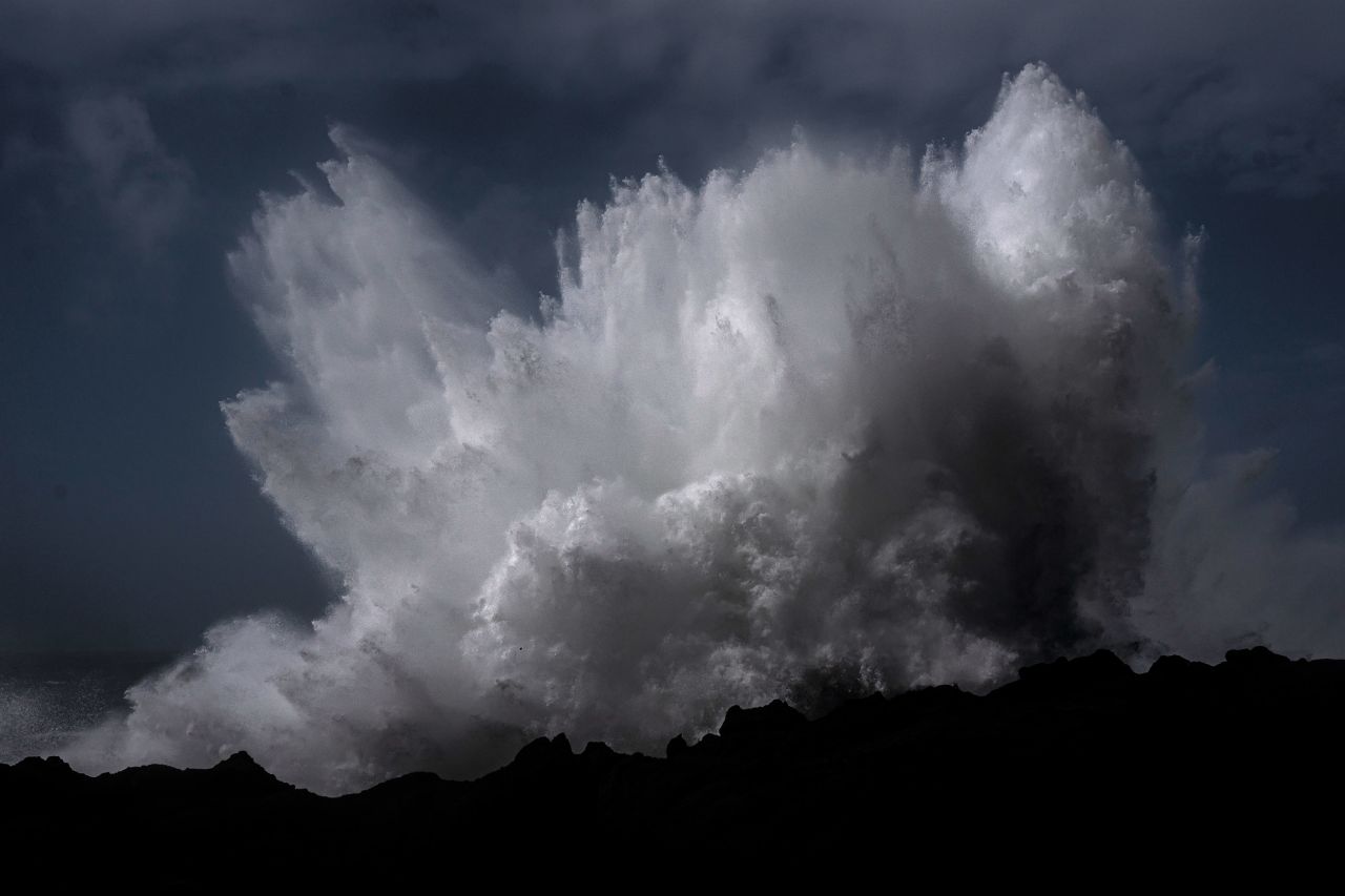 Heavy waves break against the coast Sunday in Depoe Bay, Oregon. 