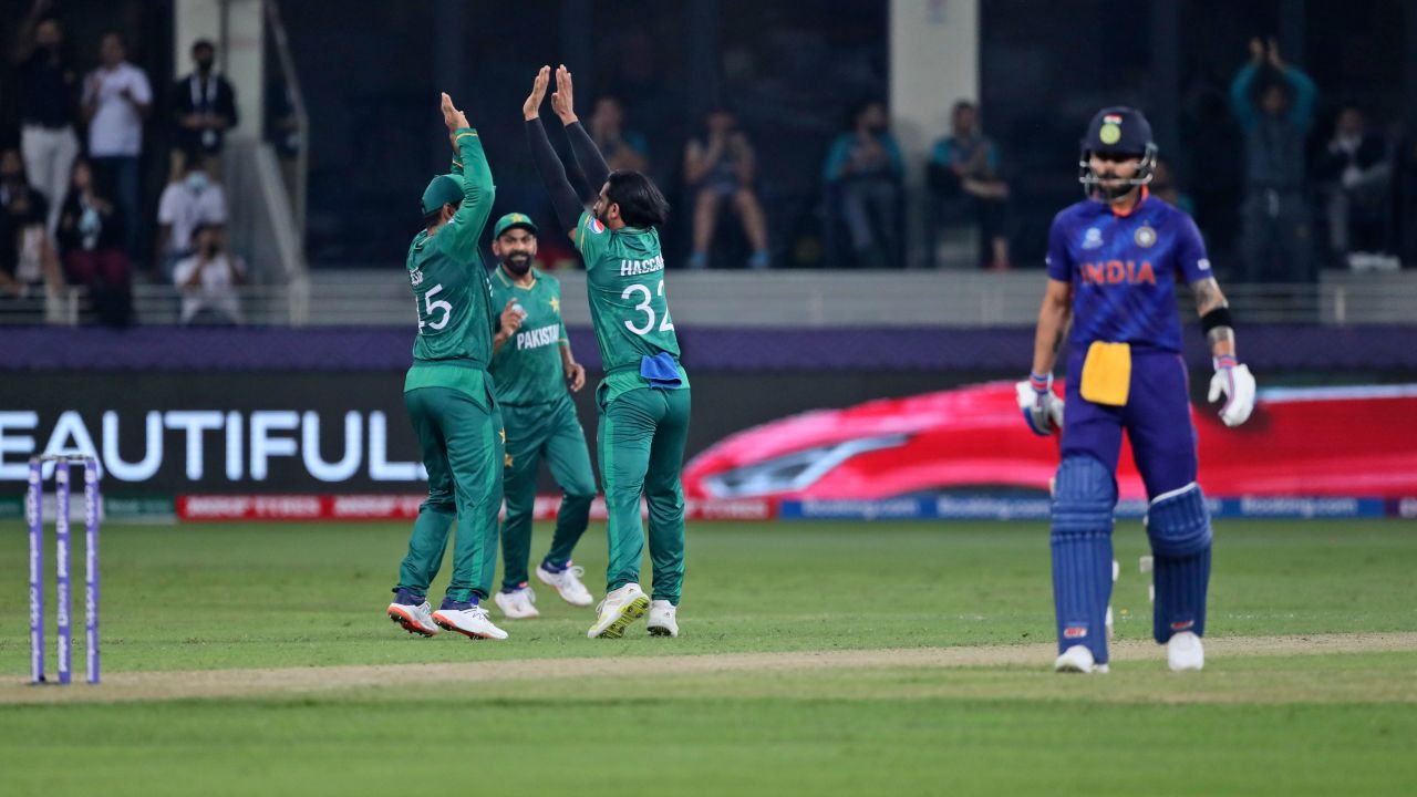 Pakistan's Hasan Ali, third left, celebrates the dismissal of India's Suryakumar Yadav during the Cricket Twenty20 World Cup match between India and Pakistan in Dubai, UAE, on October 24.