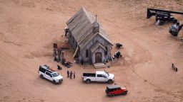 This aerial photo shows a film set at the Bonanza Creek Ranch in Santa Fe, N.M., Saturday, Oct. 23, 2021. Actor Alec Baldwin fired a prop gun on the set of a Western being filmed at the ranch on Thursday, Oct. 21, killing the cinematographer, officials said. (AP Photo/Jae C. Hong)