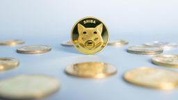 2GGH24F Shiba Inu or Shib coin standing centrally placed among bunch of crypto coins on blue background. Close-up, soft focus. Banner with golden Shiba token.