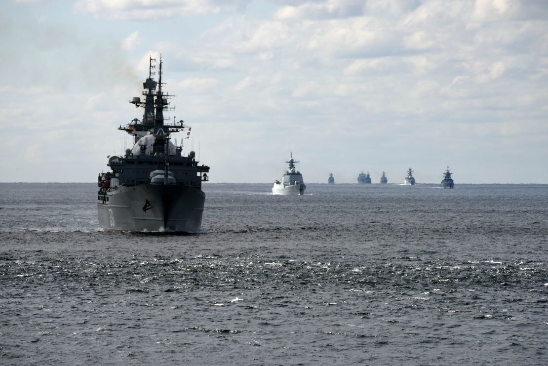 The warship formations of China and Russia sail through the Tsugaru Strait in northern Japan on October 18.