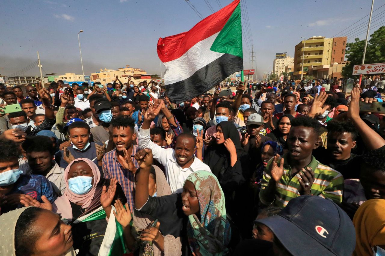 Protesters rally in Khartoum to denounce the coup on Monday, October 25.