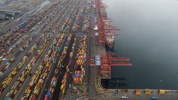 Aerial view of containers and ships at the Port of Los Angeles on October 23, 2021 in San Pedro, California. 