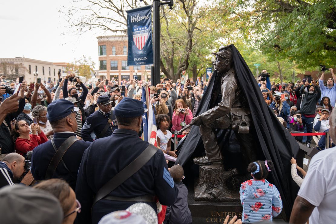 Dozens of people gathered for the unveiling and dedication of the statue in Franklin, Tennessee.