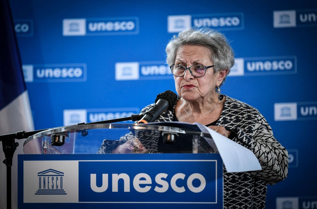 Private collector Manichak Aurance delivers a speech on October 25 at the UNESCO headquarters in Paris during a ceremony to return a Mayan artifact to Guatemala.