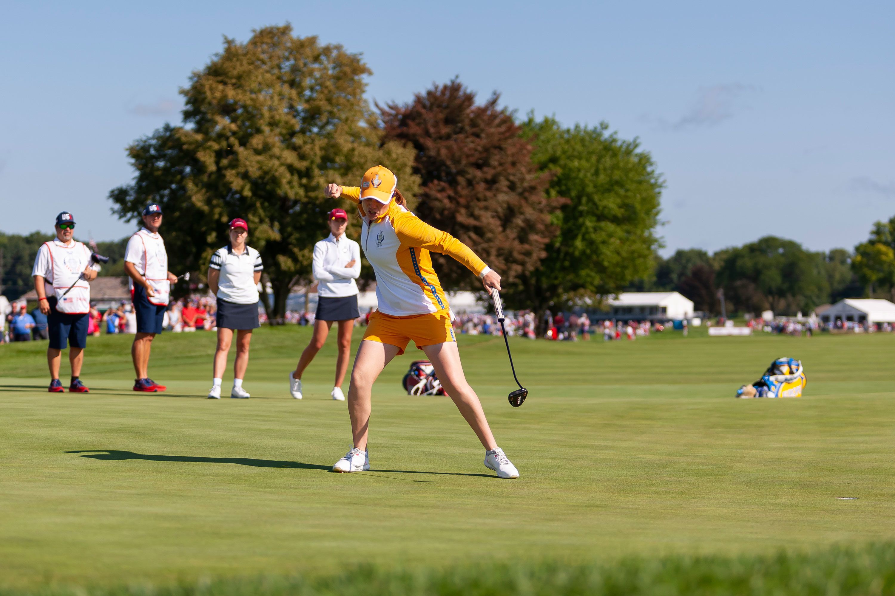 After a perfect debut on the Saturday, Maguire was again trusted to feature in the foursomes on Sunday. Paired yet again with Reid, they dominated Nelly Korda and Ally Ewing 5&4.