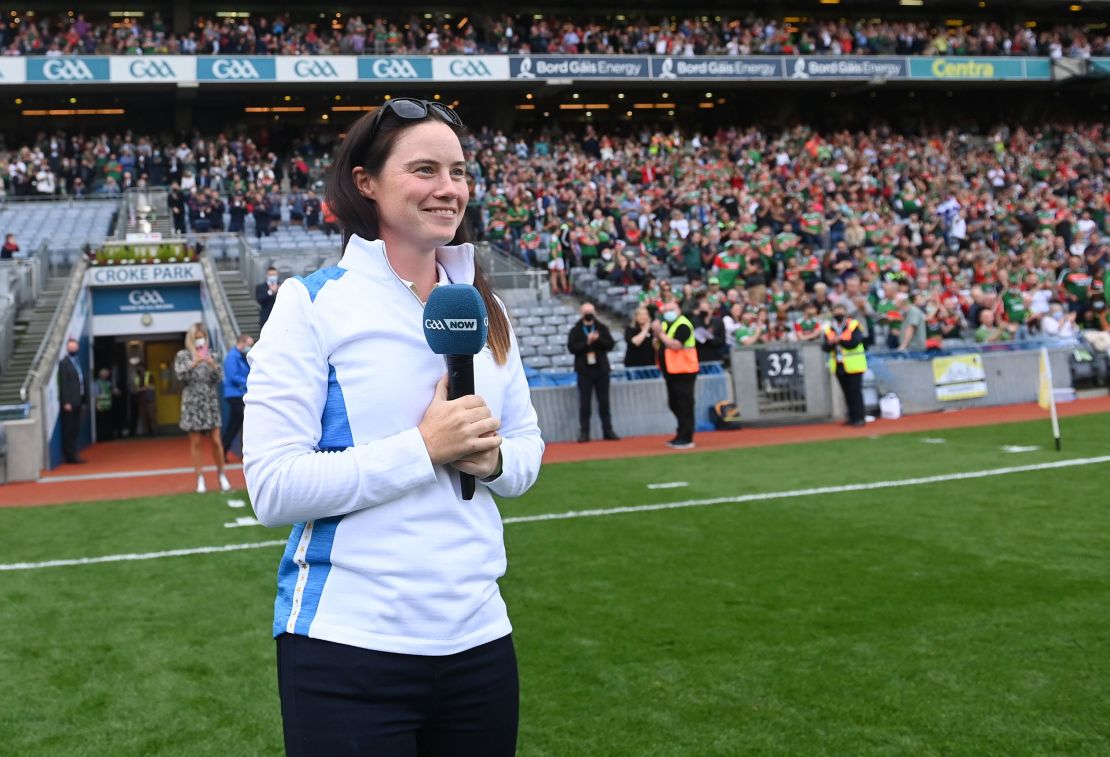 Maguire is introduced to the crowd at halftime of the GAA Football All-Ireland Senior Championship Final match between Mayo and Tyrone at Croke Park in Dublin.