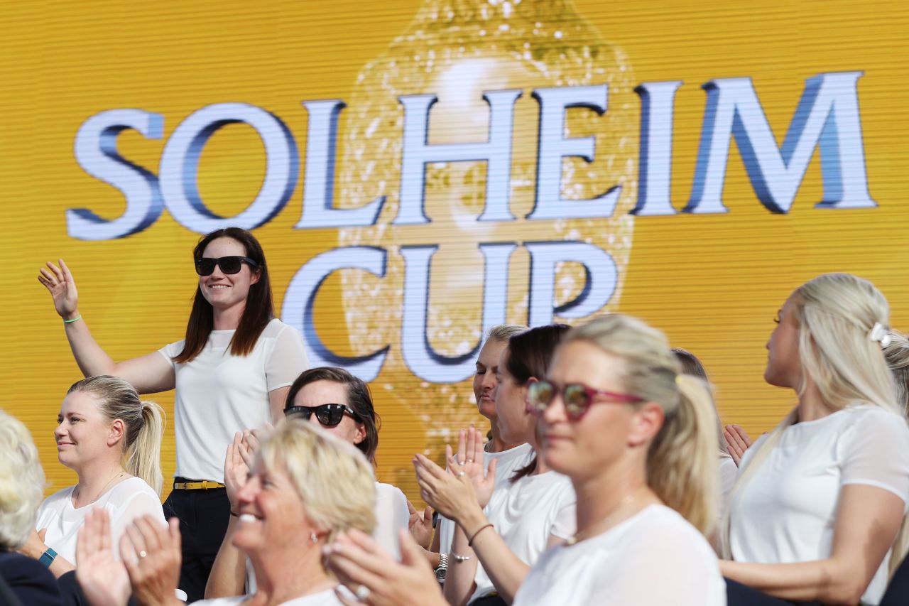 Maguire, making her debut at the tournament, is introduced during the Solheim Cup Opening Ceremony at Promenade Park.