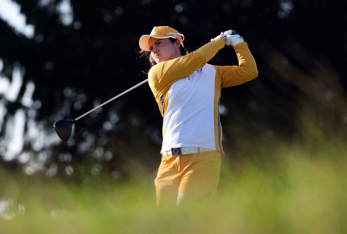 Maguire plays her shot from the seventh tee during a foursomes match on day two of the Solheim Cup.