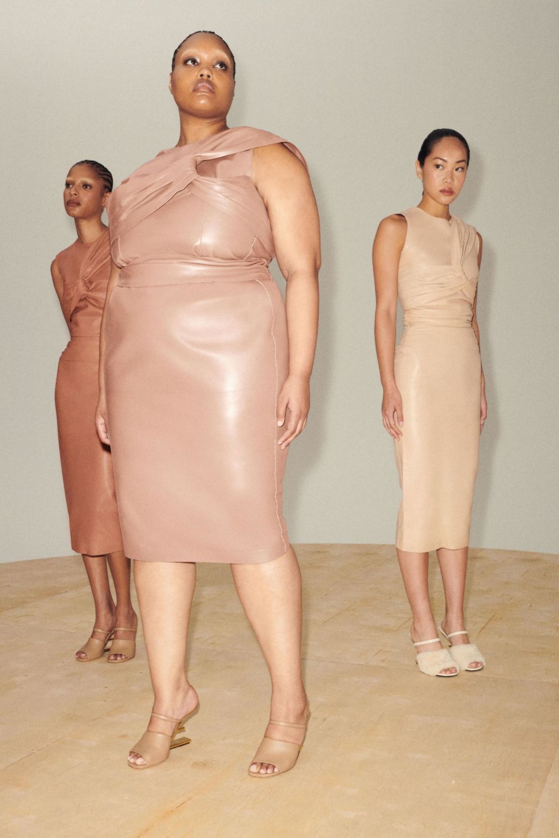 The Skims x Fendi bonded leather dress comes in an array of flesh-colored shades.