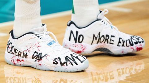 Enes Kanter wore shoes with an anti-slavery message against the Charlotte Hornets on Monday.