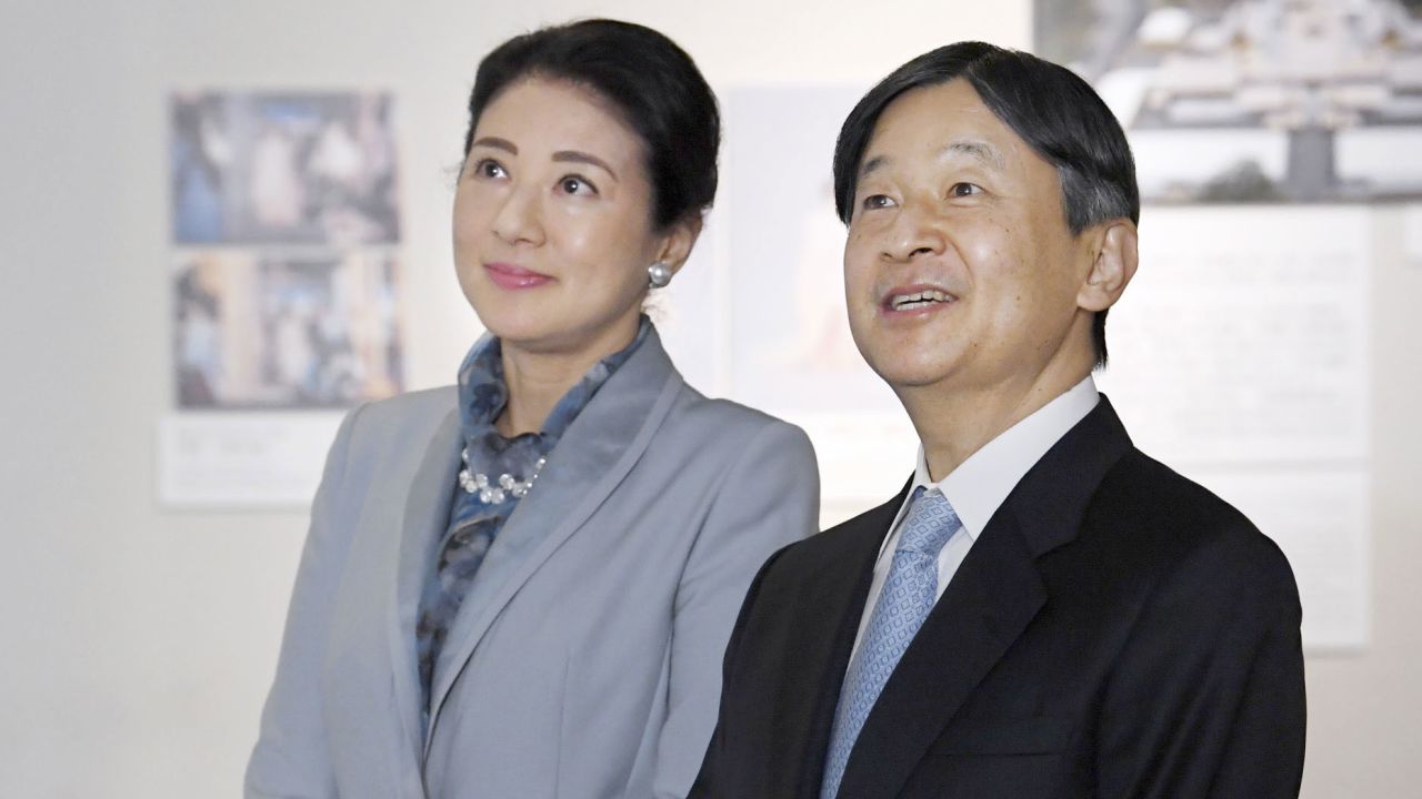 Japanese Emperor Nakuhito and Empress Masako visit an exhibition marking his enthronement at the Imperial Palace in Tokyo on Feb. 10, 2020.