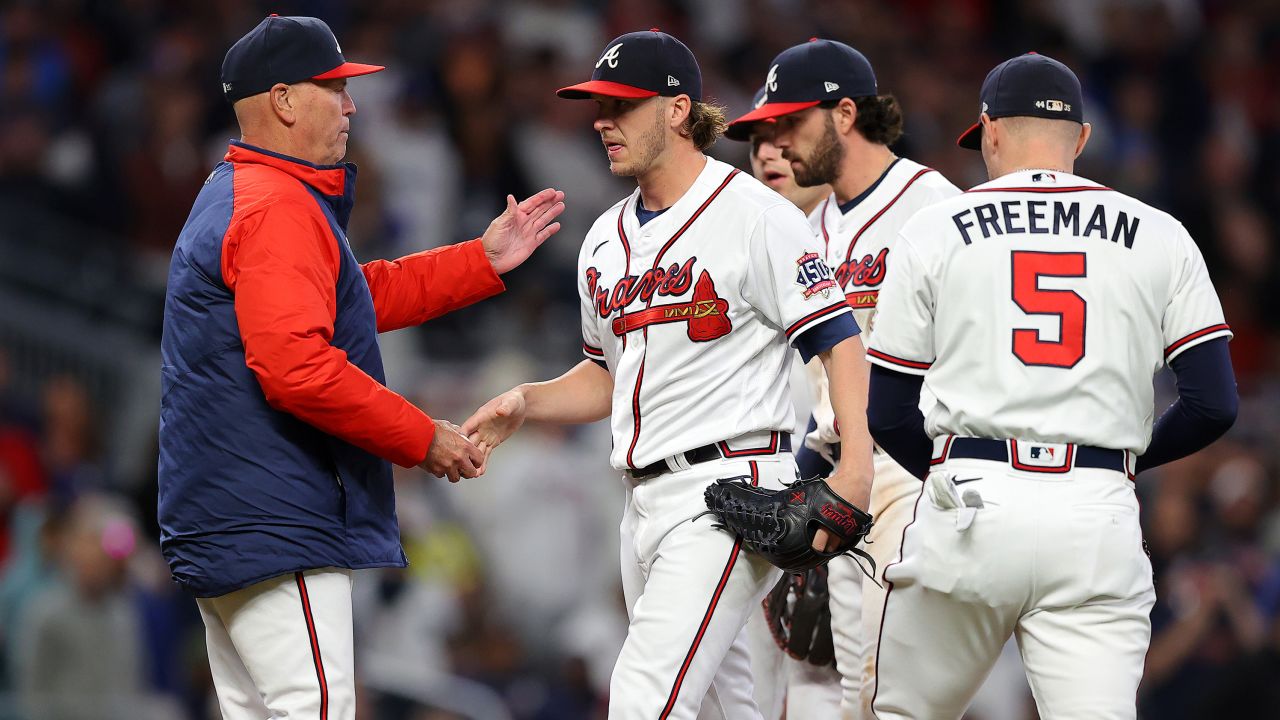 Braves manager Brian Snitker takes out Jacob Webb in the sixth innings of the team's game against the Los Angeles Dodgers.