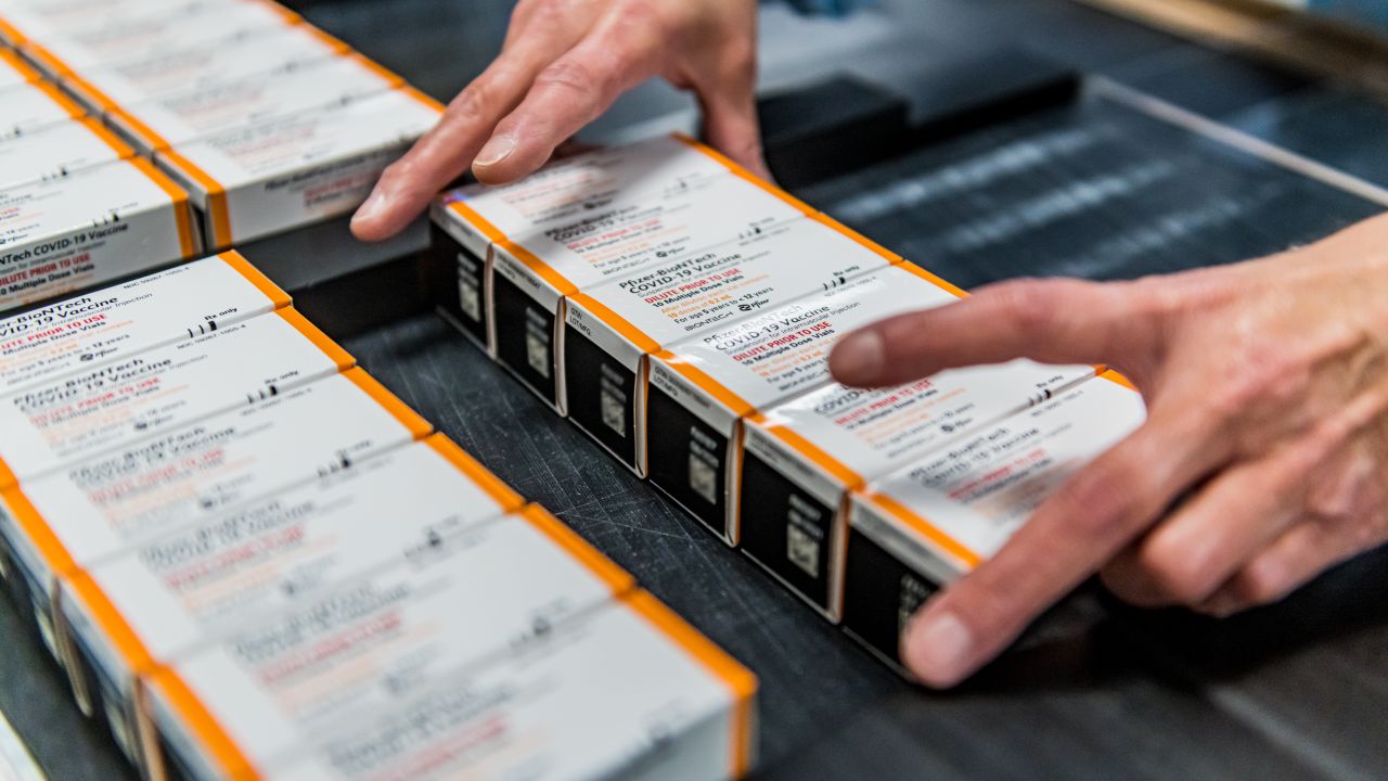Pfizer Covid-19 pediatric vials being packaged.
