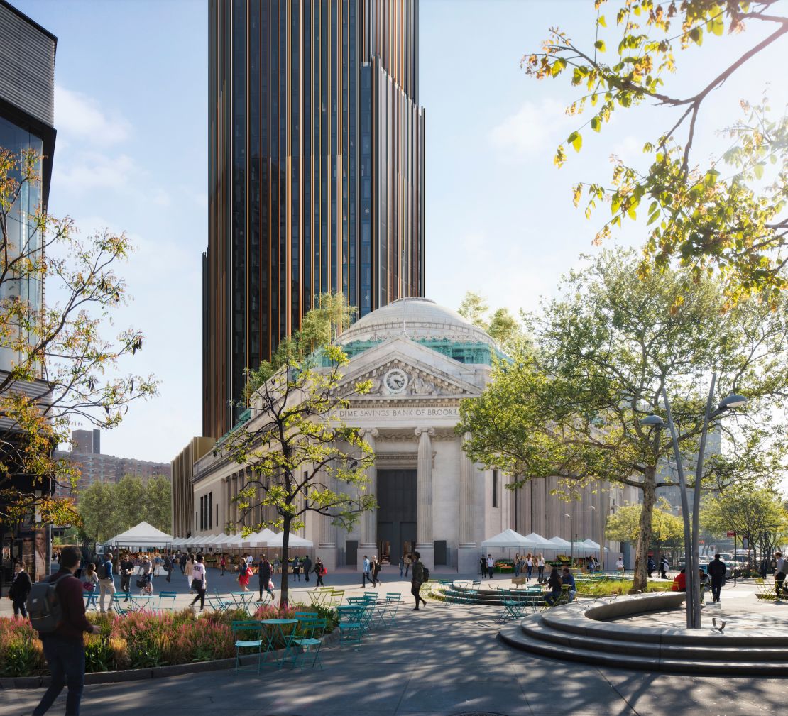 A rendering of The Brooklyn Tower along with the restored neoclassical Dime Savings Bank.