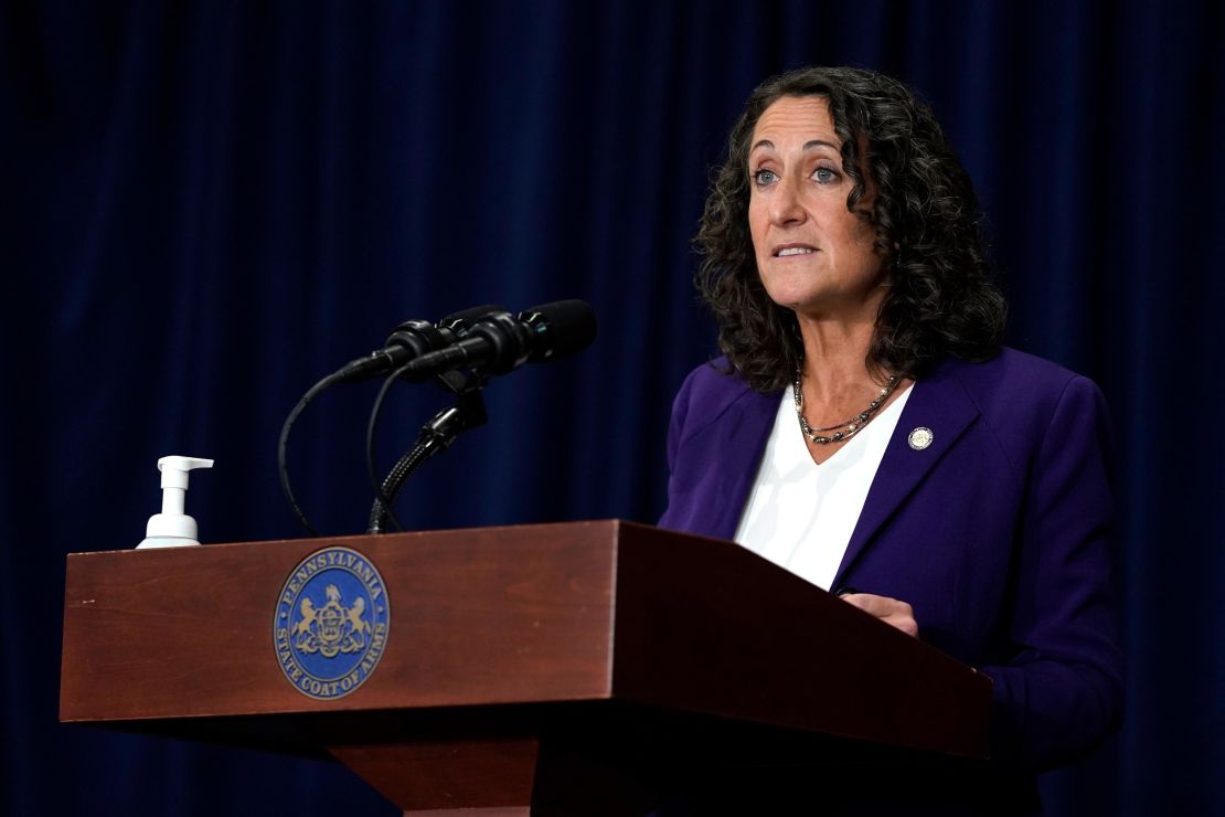 Kathy Boockvar, seen here during a November 2020 news conference when she was Pennsylvania secretary of state, said she felt so unsafe she had to leave her home and stay elsewhere. 