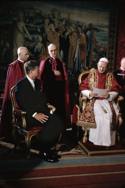 President John F. Kennedy talks with Pope Paul VI at the Vatican in 1963. Kennedy, who was the first Catholic president, met with the pontiff shortly after his coronation.