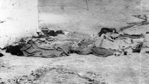Bodies of Chinese people lie in front of the city jail following the 1871 massacre in Los Angeles.