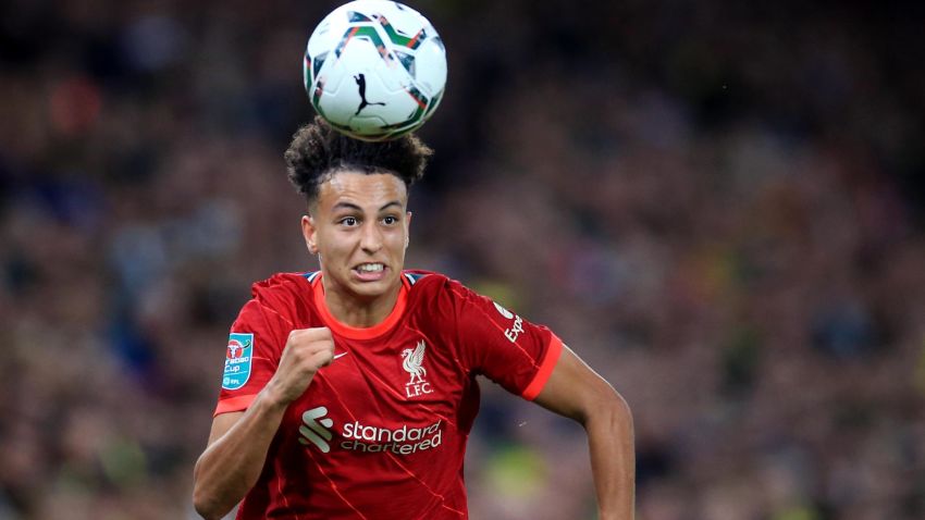 NORWICH, ENGLAND - SEPTEMBER 21: Kaide Gordon of Liverpool during the Carabao Cup Third Round match between Norwich City and Liverpool at Carrow Road on September 21, 2021 in Norwich, England. (Photo by Stephen Pond/Getty Images)