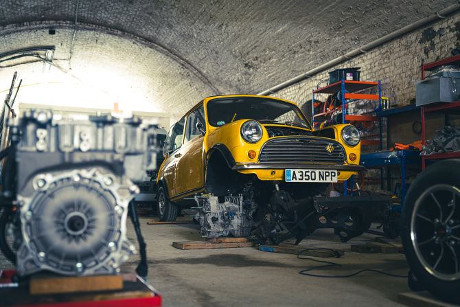So far, Quitter has worked on six conversion projects, like this 1983 Mini Cooper, and has 17 in the garage. He says that a conversion takes around 16 weeks if they have converted a similar model before, but new projects can take up to a year.