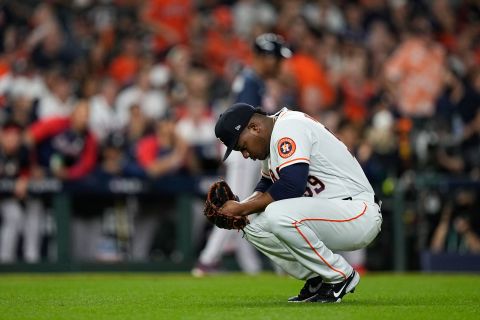 The Astros' Framber Valdez reacts after loading the bases during the second inning of Game 1.