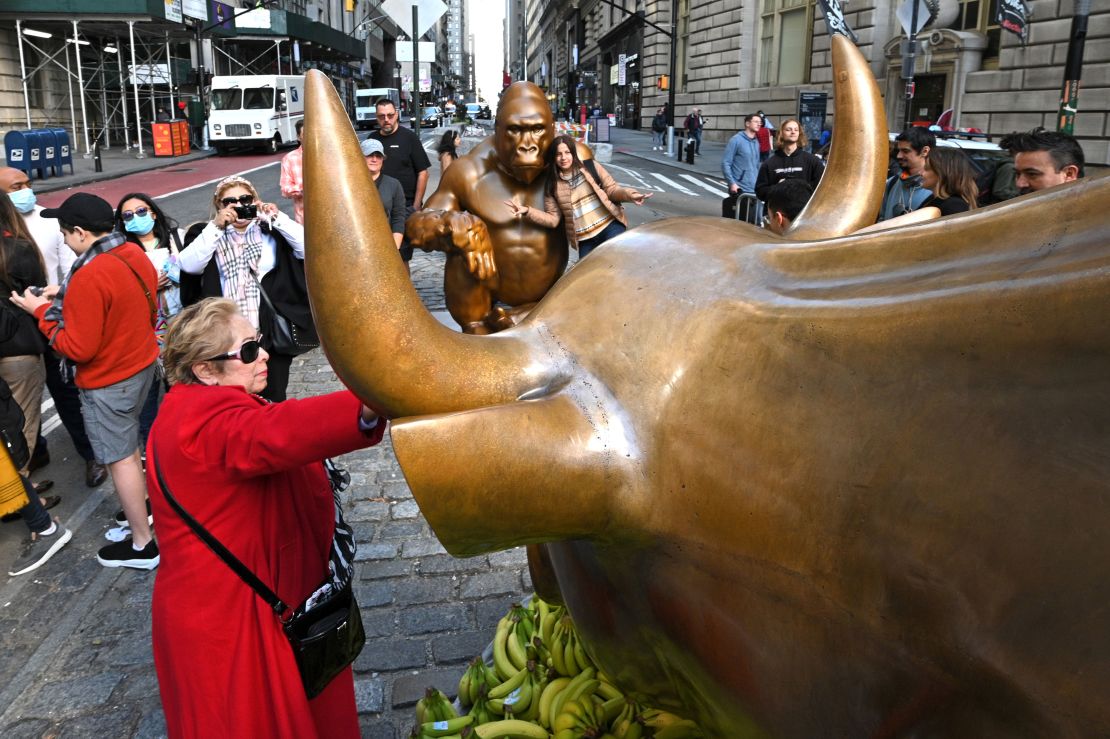 Harambe pictured in a  face-off with Wall Street's famous Charging Bull statue. 
