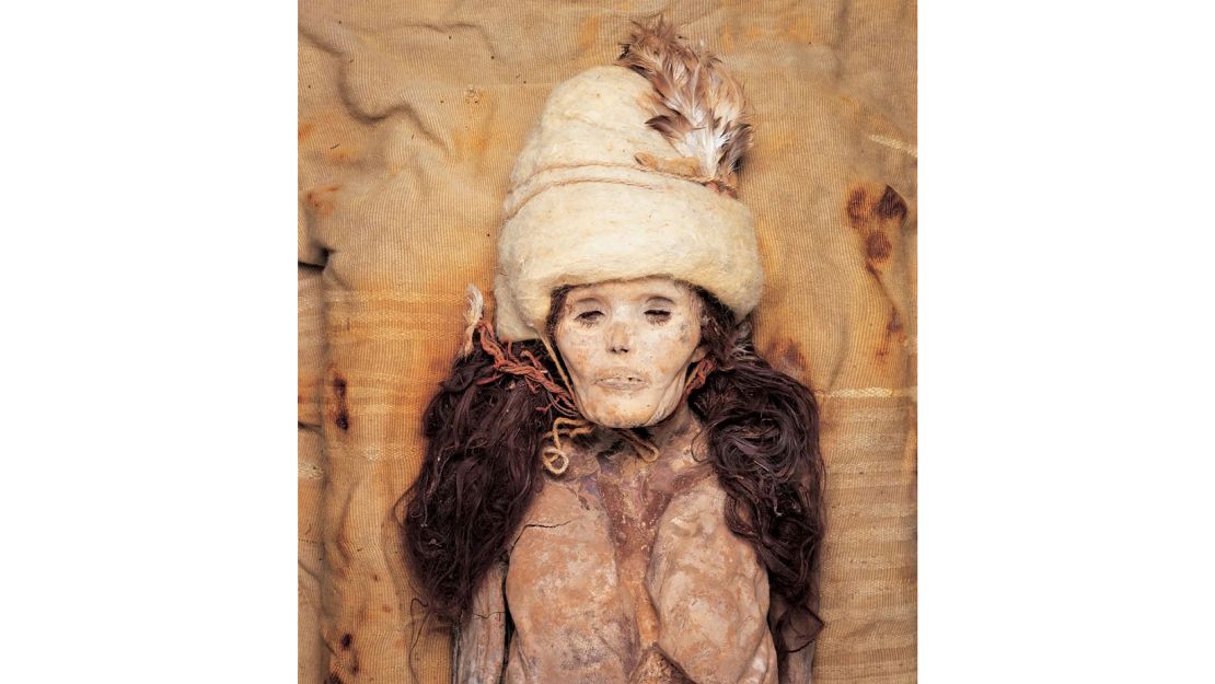 A naturally mummified Bronze Age woman, who was buried in Xiaohe in the Tarim Basin.