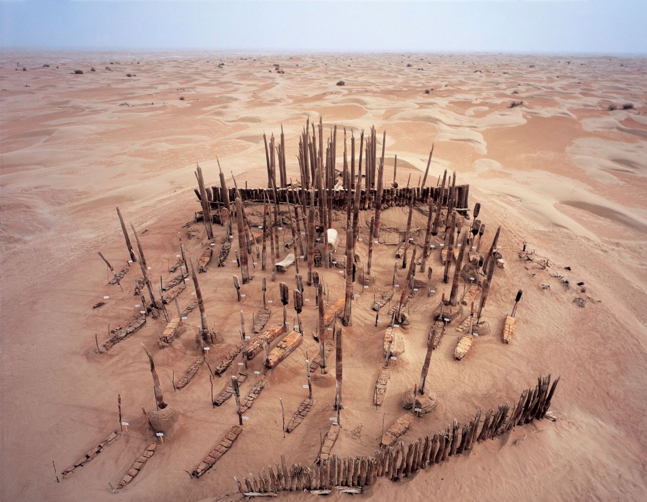 Hundreds of mummified bodies have been found across the Tarim Basin in Xinjiang, northwestern China, that date back to around 4,000 years ago. This is an aerial view of one site called Xiaohe Cemetery.