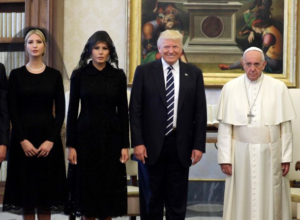 Pope Francis stands with President Donald Trump and his family during a <a href="index.php?page=&url=http%3A%2F%2Fwww.cnn.com%2F2017%2F05%2F23%2Fpolitics%2Fpope-trump-meeting%2Findex.html" target="_blank">private audience</a> at the Vatican in 2017. Joining the President were his wife, Melania, and his daughter Ivanka.