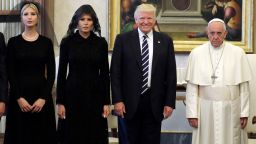 Pope Francis (R) poses with US President Donald Trump (C), US First Lady Melania Trump and the daughter of US President Donald Trump Ivanka Trump (L) at the end of a private audience at the Vatican on May 24, 2017. US President Donald Trump met Pope Francis at the Vatican today in a keenly-anticipated first face-to-face encounter between two world leaders who have clashed repeatedly on several issues. / AFP PHOTO / POOL / Evan Vucci        (Photo credit should read EVAN VUCCI/AFP via Getty Images)