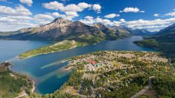 View from Bear's Hump over the hamlet Waterton Park, Waterton Lakes National Park, Alberta, Canadian Rockies, Canada. (Photo by: Arterra/Universal Images Group via Getty Images)