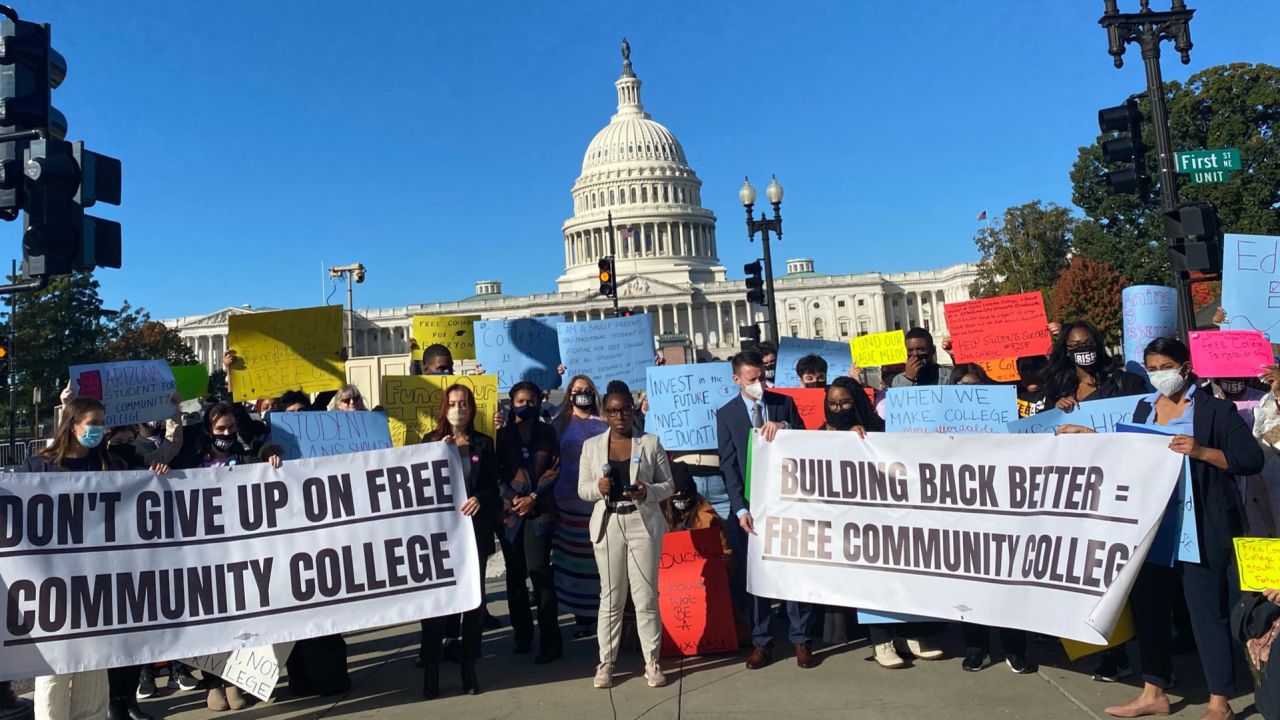 Community college students with Rise, a college affordability advocacy organization, hosting a Save Free Community College rally at the Capitol on Wednesday, October 27.