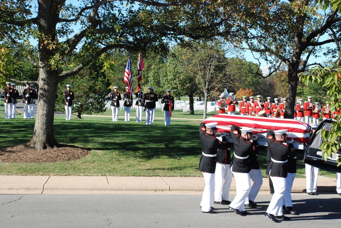 Marines remove Harold Hayden's casket before his funeral at Arlington National Cemetery. 