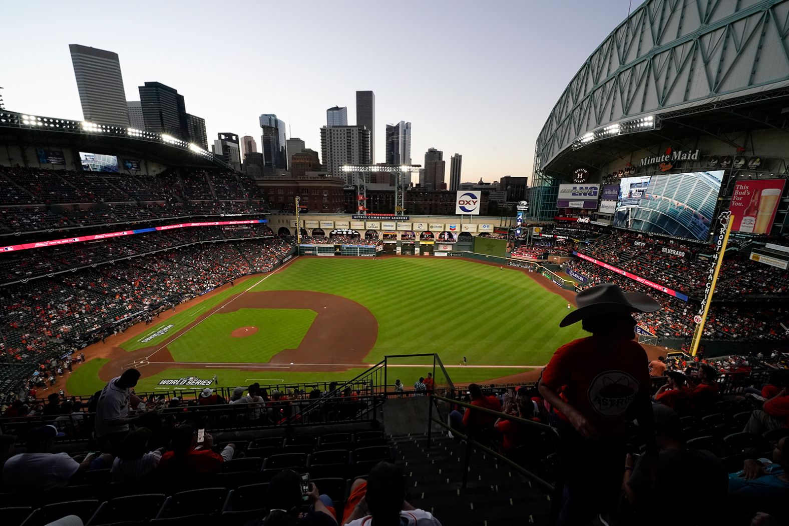 Fans arrive at Minute Maid Park where the roof on the stadium was open for Game 2 on Wednesday. 