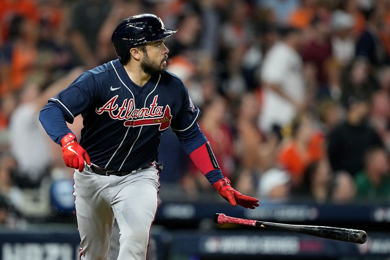 Braves' Travis d'Arnaud watches his home run during the second inning in Game 2.