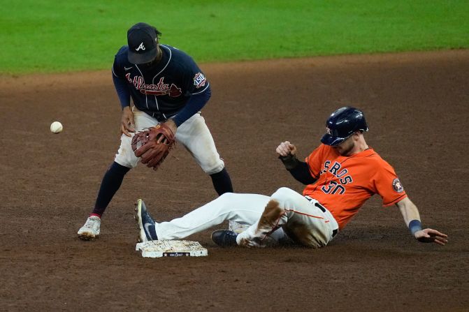 Astros' Kyle Tucker is <a href="index.php?page=&url=https%3A%2F%2Fwww.cnn.com%2Fsport%2Flive-news%2Fworld-series-2021-braves-astros-game-2%2Fh_5768beedc29897bc8986cec3113db70a" target="_blank">safe at second</a> on a fielding error by Braves second baseman Ozzie Albies during the sixth inning in Game 2.