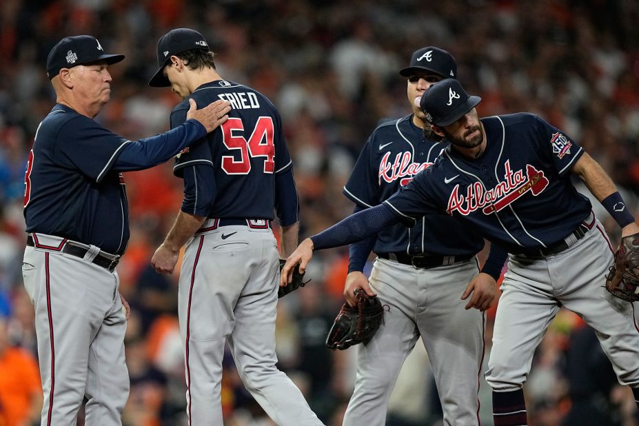 Braves starting pitcher Max Fried <a href="https://www.cnn.com/sport/live-news/world-series-2021-braves-astros-game-2/h_dddf9b6c76443939c549b51183d0fd29" target="_blank">is relieved</a> during the sixth inning of Game 2.
