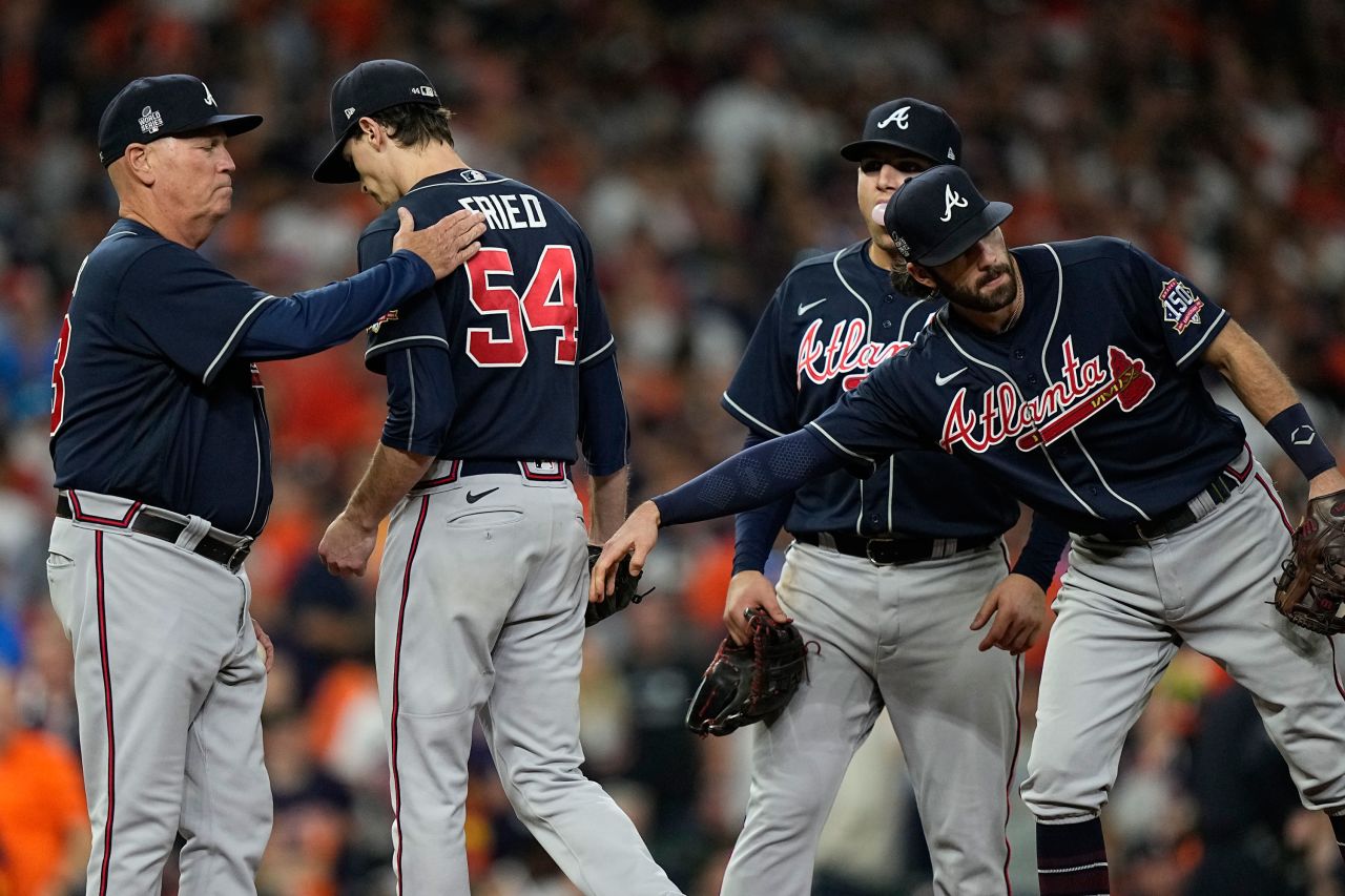 Braves starting pitcher Max Fried <a href="https://www.cnn.com/sport/live-news/world-series-2021-braves-astros-game-2/h_dddf9b6c76443939c549b51183d0fd29" target="_blank">is relieved</a> during the sixth inning of Game 2.