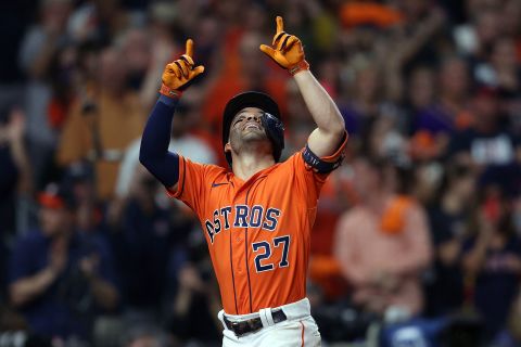 Jose Altuve of the Astros <a href="https://www.cnn.com/sport/live-news/world-series-2021-braves-astros-game-2/h_bd32af3e4157b0cee633109cbd8972e5" target="_blank">celebrates after hitting a home run</a> in Game 2.