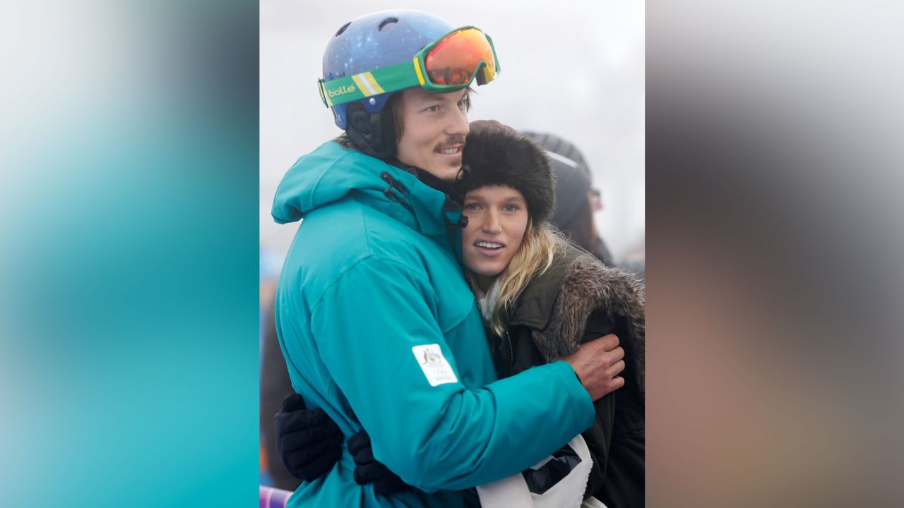 Australia's Alex Pullin hugging his girlfriend, Ellidy Vlug, prior to a men's snowboard cross competition at the 2014 Winter Olympics.