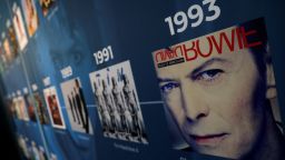 A discography wall of the late rock and roll artist David Bowie's albums is pictured inside "Bowie 75", a new David Bowie interactive pop-up exhibit and shop in Soho neighbourhood of Manhattan, in New York City, New York, on Oct. 27, 2021. 