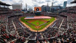 ATLANTA, GEORGIA - OCTOBER 11: General view during the national anthem in game 3 of the National League Division Series between the Atlanta Braves and the Milwaukee Brewers at Truist Park on October 11, 2021 in Atlanta, Georgia. (Photo by Michael Zarrilli/Getty Images)