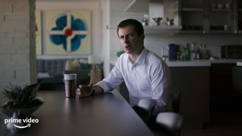 Pete Buttigieg, currently the US secretary of transportation and the first openly gay Cabinet member, is shown in a scene from "Mayor Pete."