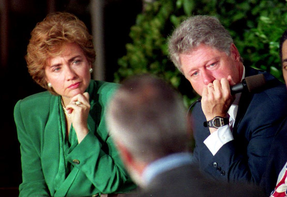 First Lady Hillary Clinton and President Bill Clinton in September 1993 listen to Karl Kregor explain why he is afraid of losing health insurance for his family.
